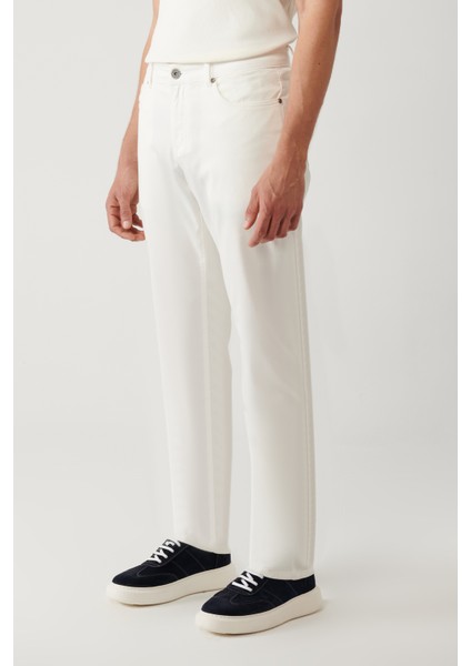 Erkek Kırık Beyaz Klasik Bel Armürlü Karışımlı 5 Cep Perge Slim Fit Pantolon A41Y3071