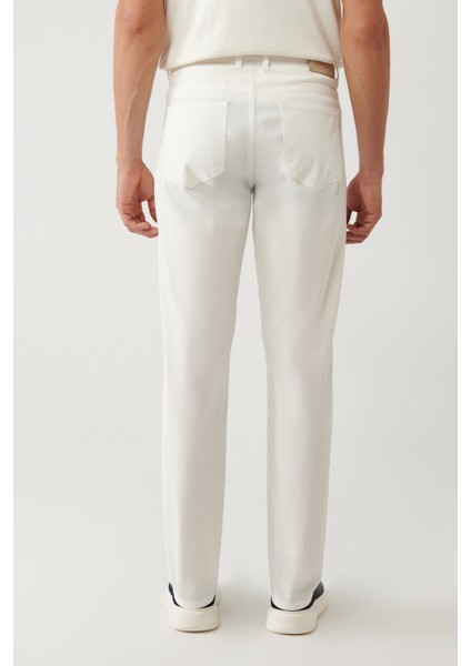 Erkek Kırık Beyaz Klasik Bel Armürlü Karışımlı 5 Cep Perge Slim Fit Pantolon A41Y3071