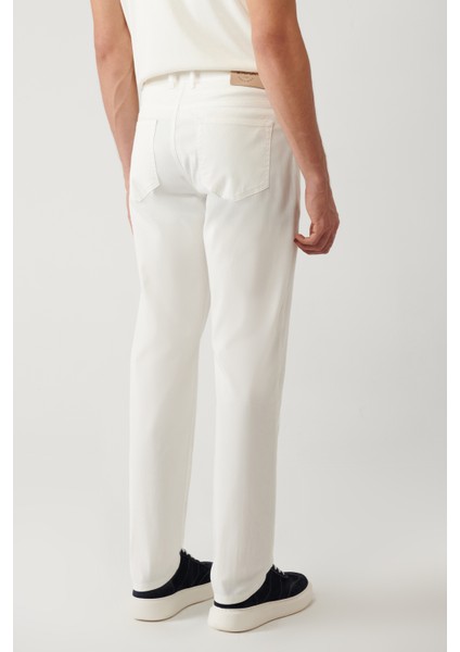 Erkek Kırık Beyaz Klasik Bel Armürlü Karışımlı 5 Cep Perge Slim Fit Pantolon A41Y3071