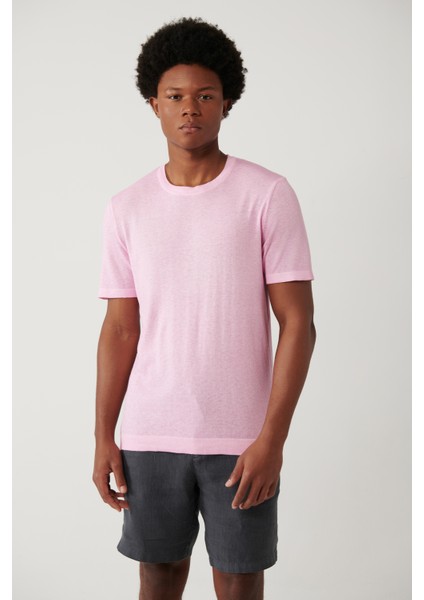 Erkek Pembe Bisiklet Yaka Garment Dyed T-shirt A41y5074