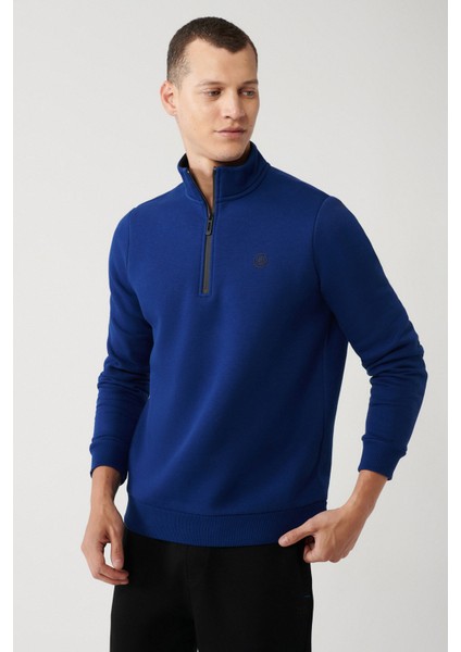 Erkek Saks Dik Yaka Fermuarlı 3 İplik Şardonlu Regular Fit Sweatshirt E001020