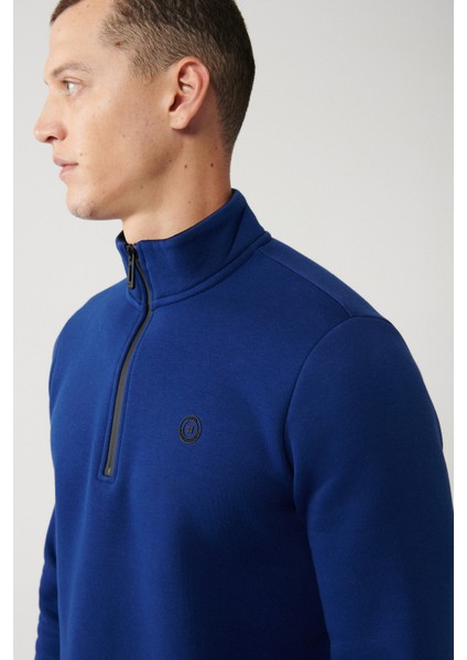 Erkek Saks Dik Yaka Fermuarlı 3 İplik Şardonlu Regular Fit Sweatshirt E001020