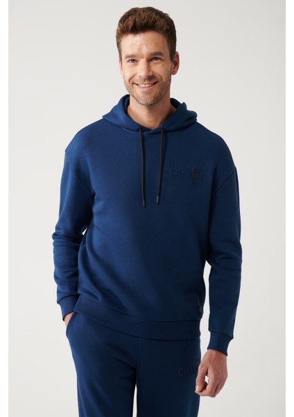 Erkek Indigo Kapüşonlu 3 Iplik Şardonlu Sweatshirt A32y1190
