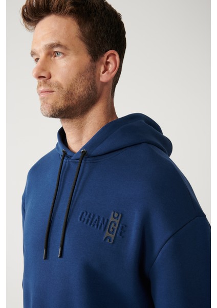 Erkek Indigo Kapüşonlu 3 Iplik Şardonlu Sweatshirt A32y1190