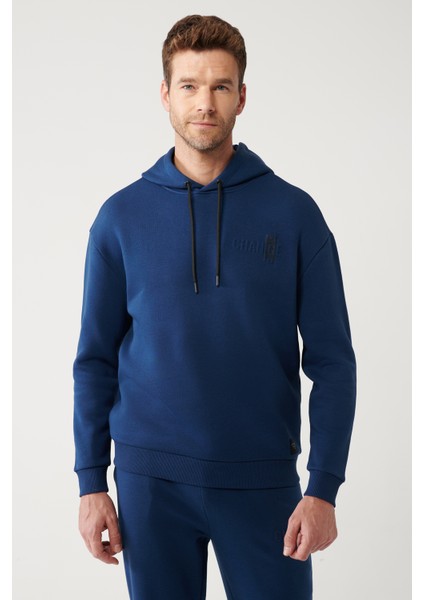Erkek Indigo Kapüşonlu 3 Iplik Şardonlu Sweatshirt A32y1190