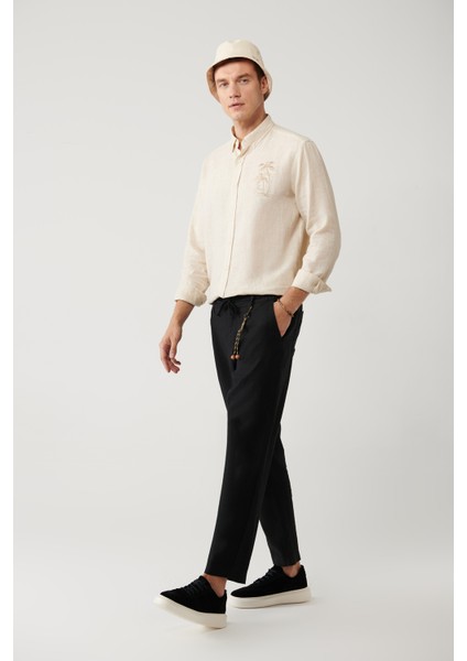 Erkek Siyah Beli Lastikli %100 Keten Pantolon B003032