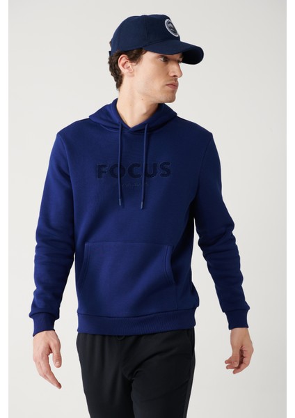 Erkek Saks Kapüşonlu 3 Iplik Şardonlu Kanguru Cepli Sweatshirt A32y1193