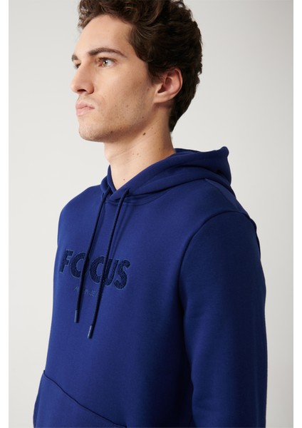 Erkek Saks Kapüşonlu 3 Iplik Şardonlu Kanguru Cepli Sweatshirt A32y1193
