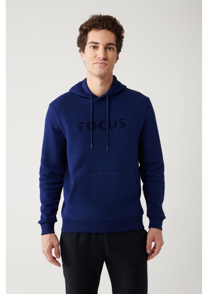 Erkek Saks Kapüşonlu 3 Iplik Şardonlu Kanguru Cepli Sweatshirt A32y1193