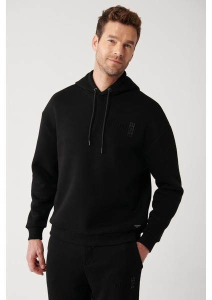 Erkek Siyah Kapüşonlu 3 Iplik Şardonlu Sweatshirt A32y1190