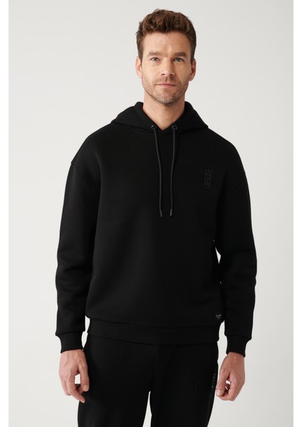 Erkek Siyah Kapüşonlu 3 Iplik Şardonlu Sweatshirt A32y1190