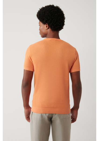 Erkek Turuncu Soft Touch Modal Bisiklet Yaka Dokulu Ribanalı Triko T-shirt B005010