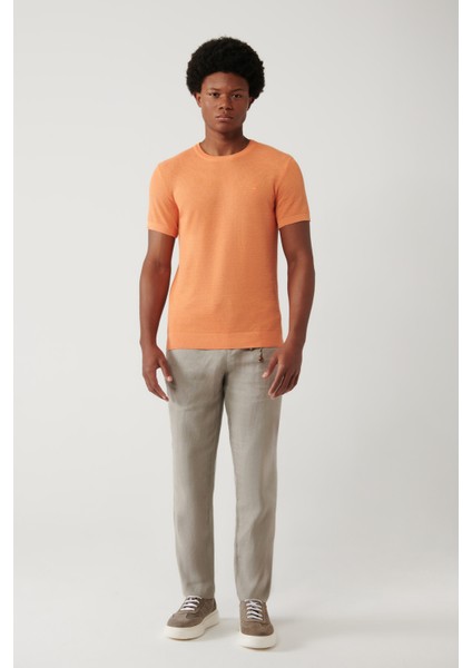 Erkek Turuncu Soft Touch Modal Bisiklet Yaka Dokulu Ribanalı Triko T-shirt B005010