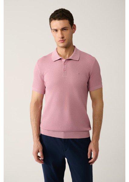 Erkek Pembe Soft Touch 3 Düğmeli Dokulu Ribanalı Polo Yaka Triko T-Shirt B005009