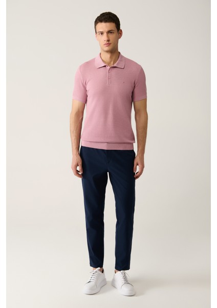 Erkek Pembe Soft Touch 3 Düğmeli Dokulu Ribanalı Polo Yaka Triko T-Shirt B005009