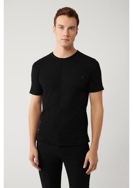Erkek Siyah Bisiklet Yaka Rayon Dokulu Triko T-shirt A41y5099