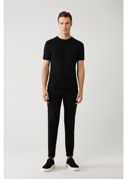 Erkek Siyah Bisiklet Yaka Rayon Dokulu Triko T-shirt A41y5099