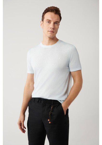 Erkek Açık Mavi Bisiklet Yaka Garment Dyed T-shirt A41y5074