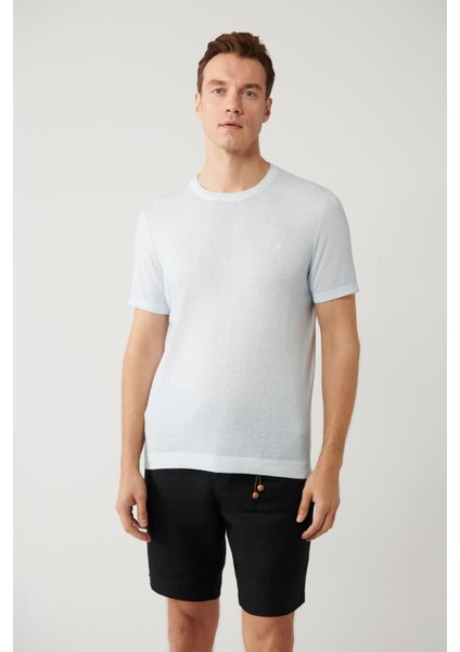 Erkek Açık Mavi Bisiklet Yaka Garment Dyed T-shirt A41y5074