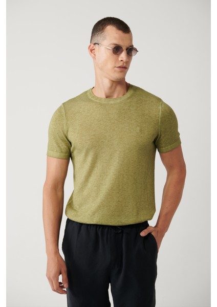 Erkek Haki Bisiklet Yaka Garment Dyed T-shirt A41y5074