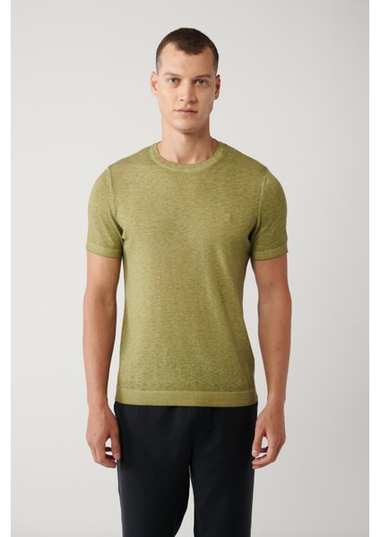 Erkek Haki Bisiklet Yaka Garment Dyed T-shirt A41y5074
