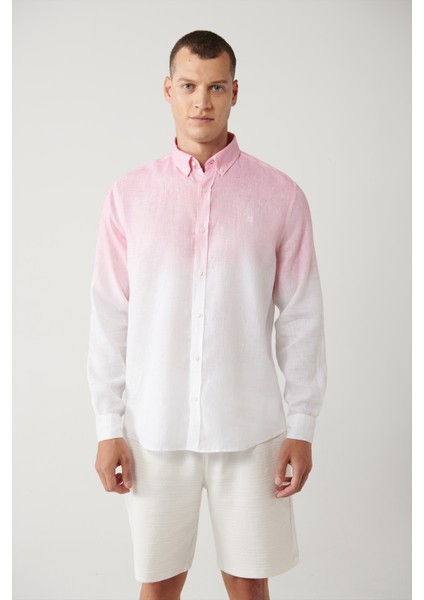 Erkek Pembe Düğmeli Yaka %100 Keten Gömlek A41y2195