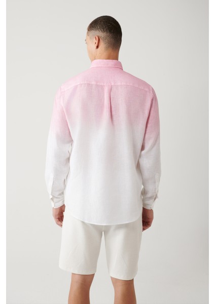 Erkek Pembe Düğmeli Yaka %100 Keten Gömlek A41y2195