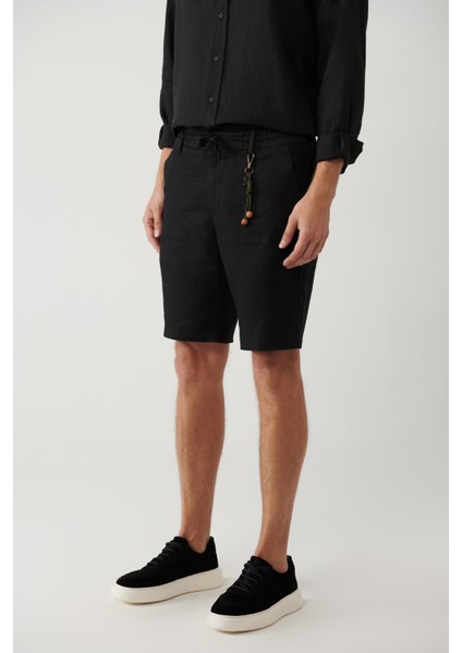 Erkek Siyah Beli Lastikli %100 Keten Assos Şort A41y3710