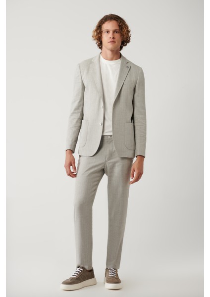 Erkek Gri Yandan Cepli Keten Karışımlı Lightweight Takım Elbise Pantolonu A41y3229