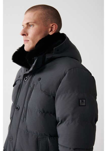 Erkek Gri Çıkma Kürk Yakalı Su İtici Kumaşlı Şişme Mont A32Y6011 modelleri