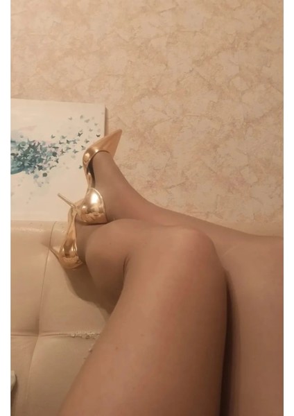 Kadın Altın Gold Nude Rugan Yandan Yırtmaçlı 8cm Ince Şeffaf Kapak Topuklu Stiletto Abiye Ayakkabı fiyatları