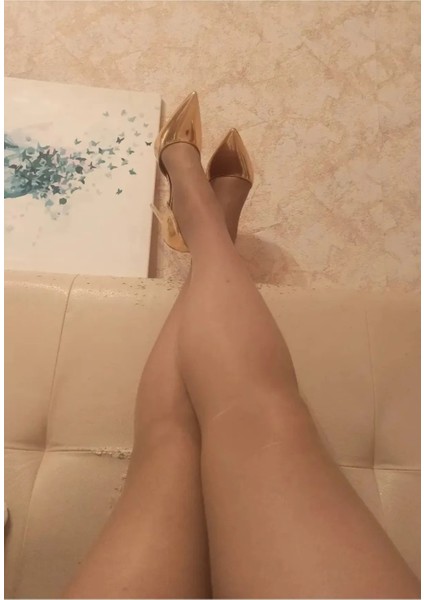 Kadın Altın Gold Nude Rugan Yandan Yırtmaçlı 8cm Ince Şeffaf Kapak Topuklu Stiletto Abiye Ayakkabı fırsatları