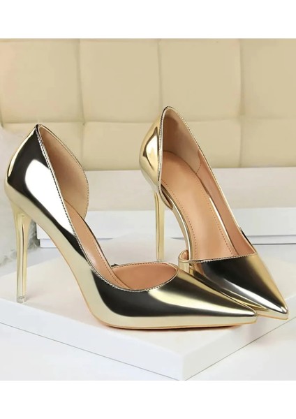 Kadın Altın Gold Nude Rugan Yandan Yırtmaçlı 8cm Ince Şeffaf Kapak Topuklu Stiletto Abiye Ayakkabı indirimleri
