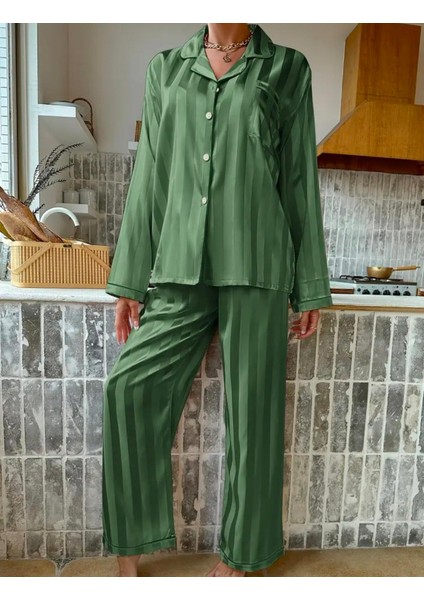 Çizgili Düğmeli 2 Parça Kadın Pijama Takımı Yeşil fiyatları