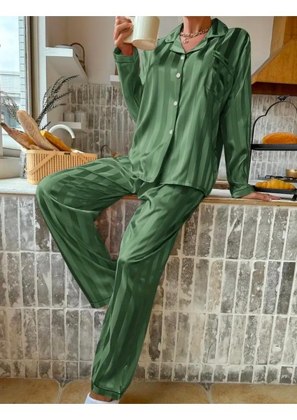 Çizgili Düğmeli 2 Parça Kadın Pijama Takımı Yeşil fırsatları
