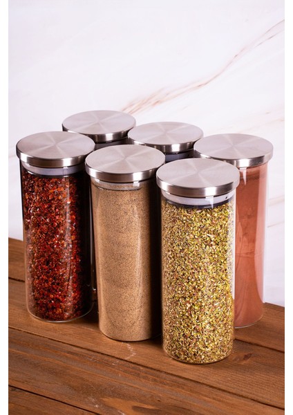 Oslo - 6'lı Metal Kapaklı Vakumlu Cam Saklama Kabı Baharatlık 350ML
