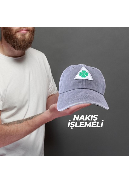 Vintage Yıkamalı Pamuk Şapka Dört Yapraklı Yonca Nakışlı Gri