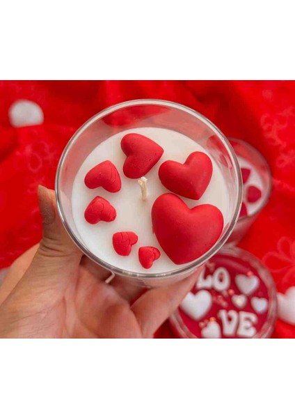 Şık, Romantik Ortamlar Için Kırmızı Kalp Detaylı Kokulu Bardak Mum (Vegan)