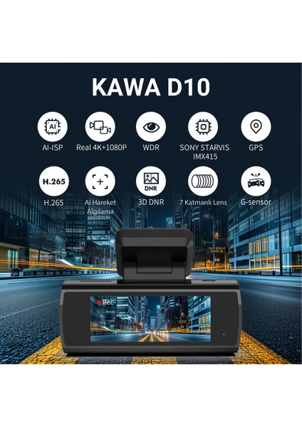 D10 Çift Kameralı 4K+1080P Sony Starvıs Sensörlü Yapay Zeka Destekli Wi-Fi ve Gps'li Araç Kamerası