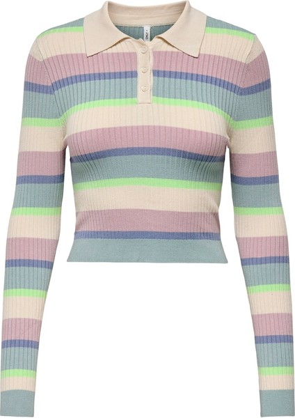 Onlkarol Ls Crop Rıb Button Polo cc Knt Kadın Kazak 15340979 Stripes:gray M/paradise G/violet I/tempest/birch