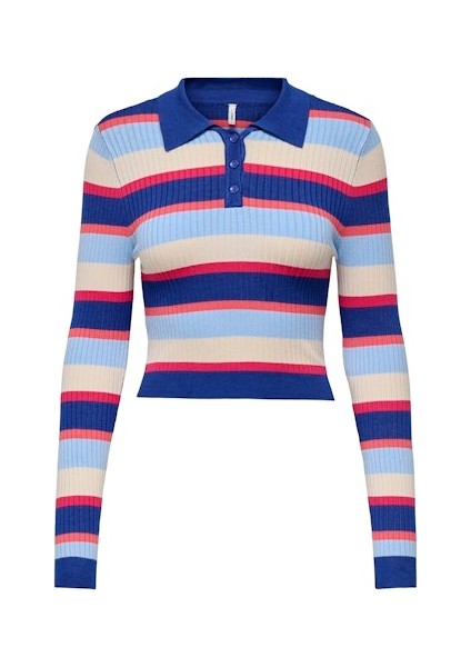 Onlkarol Ls Crop Rıb Button Polo cc Knt Kadın Kazak 15340979 Stripes:dubarry/open A/birch/raspberry/mazarine Blue