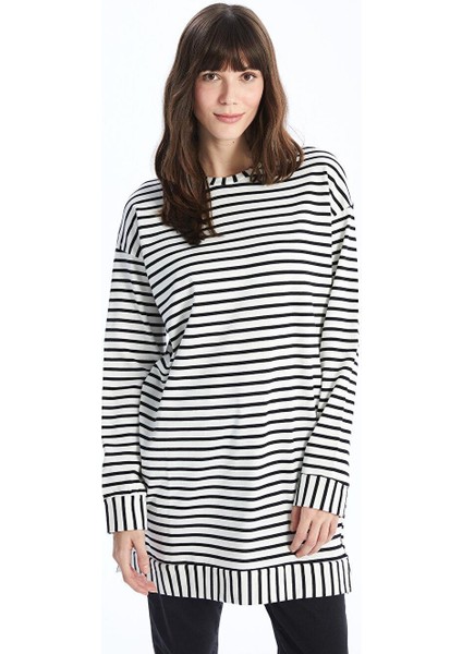 Bisiklet Yaka Çizgili Uzun Kollu Oversize Kadın Tunik