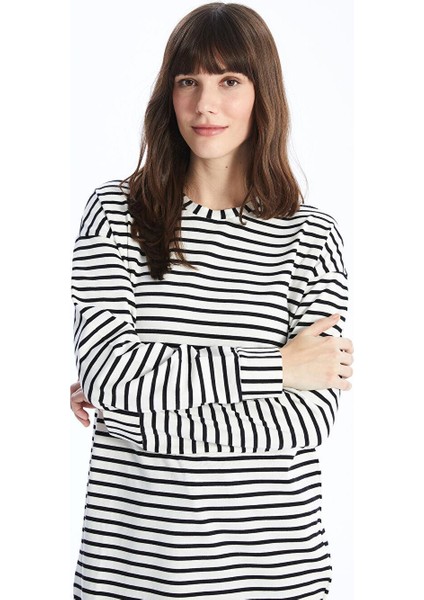Bisiklet Yaka Çizgili Uzun Kollu Oversize Kadın Tunik