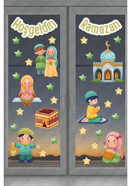 Hoşgeldin Ramazan Ayı Temalı Süsleme, Kabe ve Ramazan Figürleri Cam Duvar Kapı Için Sticker Seti