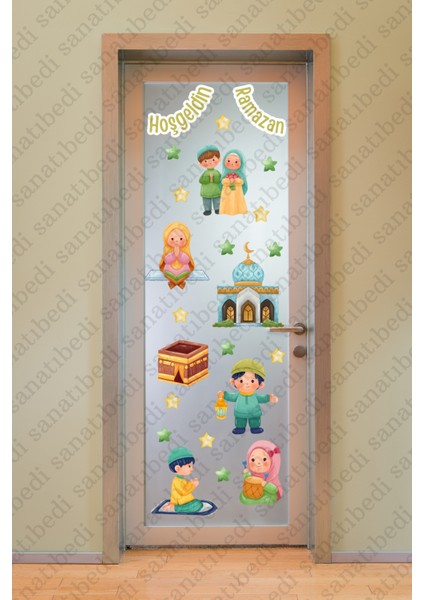 Hoşgeldin Ramazan Ayı Temalı Süsleme, Kabe ve Ramazan Figürleri Cam Duvar Kapı Için Sticker Seti fiyatları