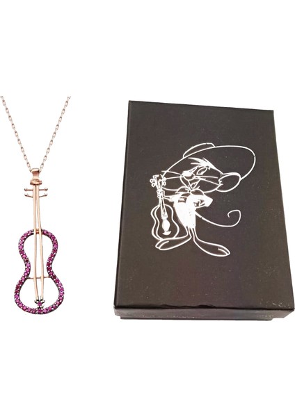 925 Ayar Gümüş Pembe Zirkon Taşlı Klasik Gitar Kolye Özel Kutulu