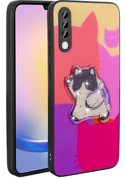 Galaxy A70 Kılıf Parlayan Kabartmalı Ikonik Figürlü Amas Silikon Kapak-Mor