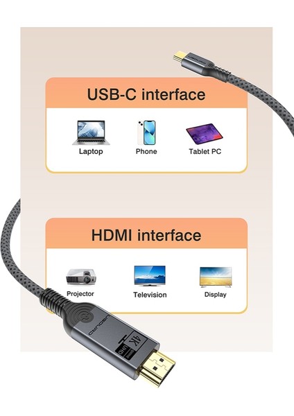 2-Metre Type-C To HDMI 4K 60Hz Ultra Full Hd CE+FCC+ROHS Lisanslı MacBook/Tablet/Telefon Hasır Örgülü Sağlam Kablo Tak Çalıştır Görüntü Aktarım Kablosu