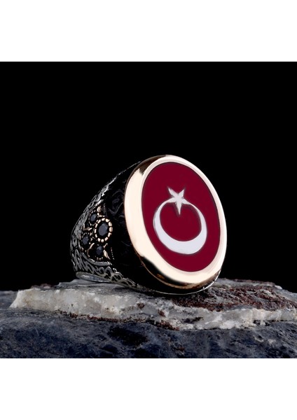 925 Ayar Gümüş Kırmızı Mineli Ayyıldız Model Erkek Yüzük