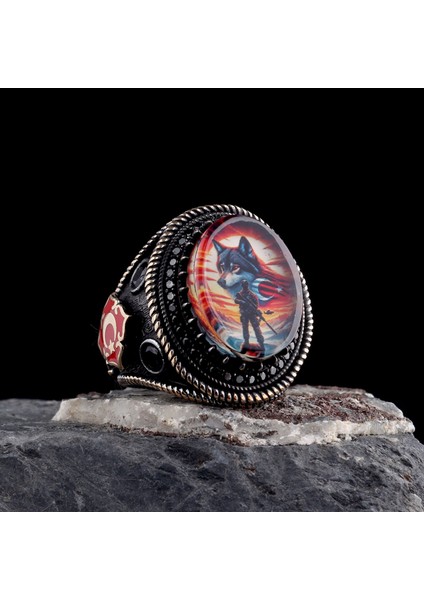 925 Ayar Gümüş Ayyıldız Asker Kurt Model Erkek Yüzük